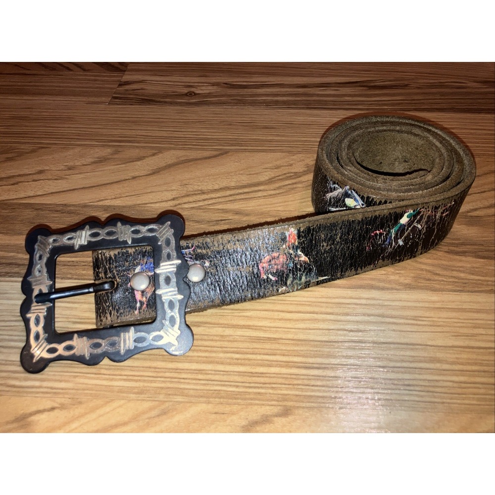 VINTAGE men's leather Belt Cowboy Decor Distressed riding horses, riding bull 36